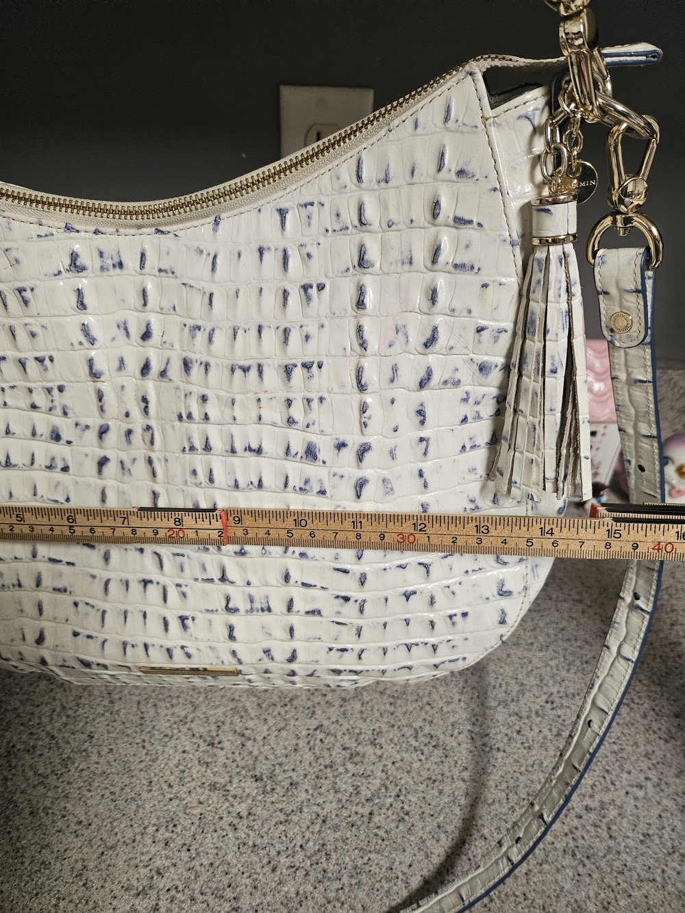 Brahmin White Croc-Embossed Shoulder Bag with Navy Accents - Picture 2 of 16